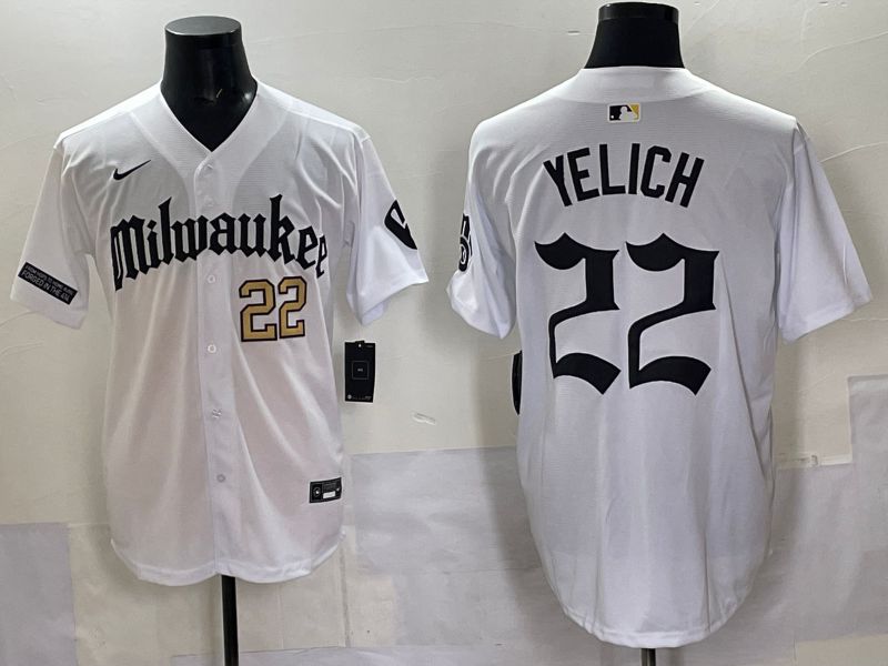 Men 2025 Milwaukee Brewers #22 Yelich White Five generations Joint Name Nike MLB Jersey style 08->milwaukee brewers->MLB Jersey
